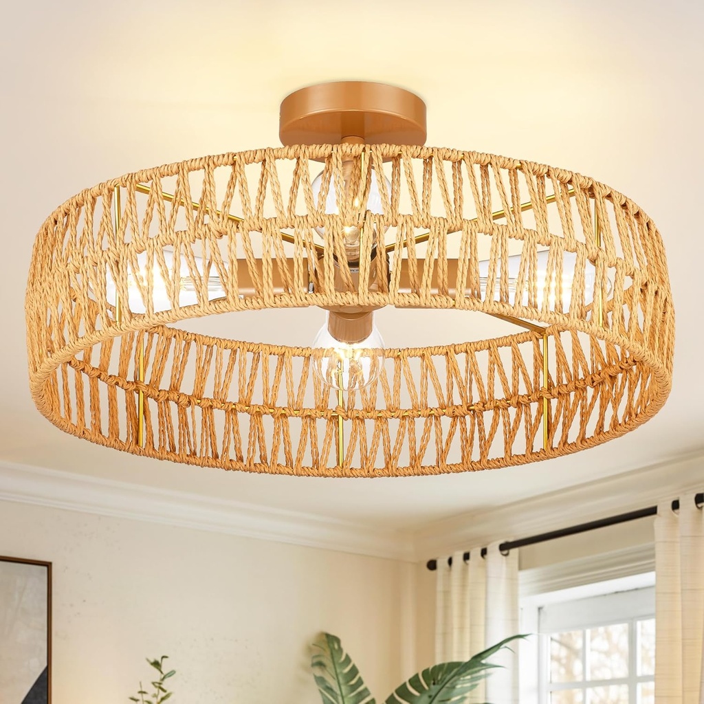 Hamilyeah 20 inch Boho Flush Mount Ceiling Light Fixture with 4 Light, Woven Rattan Gold Light Fixture Ceiling Mount for Living Room, Bedroom, Kitchen