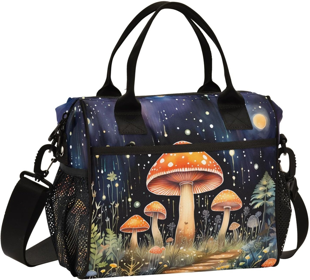 Night Sky Mushroom Plant Lunch Bag for Women, Insulated Lunch Box for Students, Women's Lunch Tote Bag with Side Pockets & Removable Shoulder Strap Large Cooler Purse for Picnic Work Beach