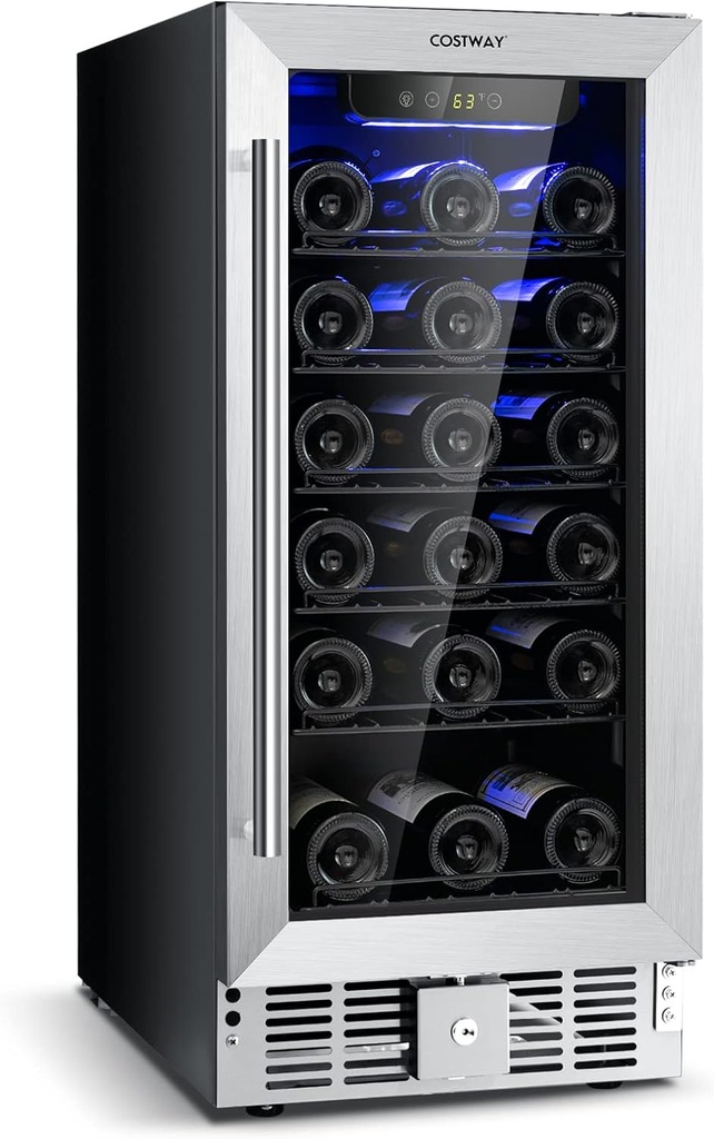 COSTWAY 10229US-SL-CYPF 15" Refrigerator, 30 Bottles Stainless Steel Cellar, Built-in & Freestanding Compressor Mini Fridge for Home Bar Office Wine Cooler, 15 Inch Single Zone, Black and Sliver