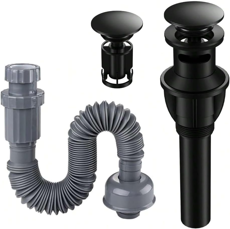 Bathroom Sink Drain Set with Overflow, Adjustable Drain Length (13-35 inches) - Matte Black 2-in-1 Combo Set, Anti-Clog Drain Plug for Basin/Vanity Sinks