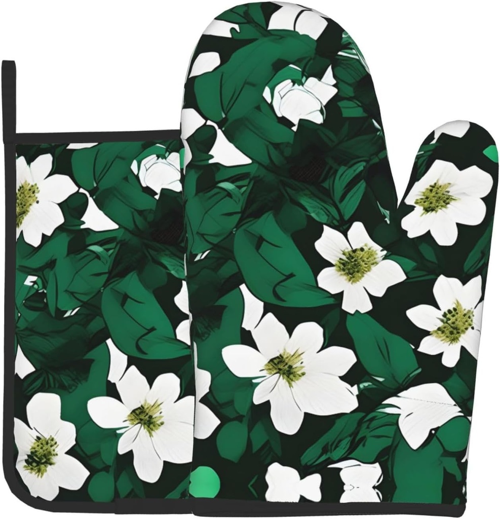 Hunter Green Floral Petals Pattern Print Oven Mitt & Pot Holder Set, A Must-Have for Kitchen Oven Microwave Grill