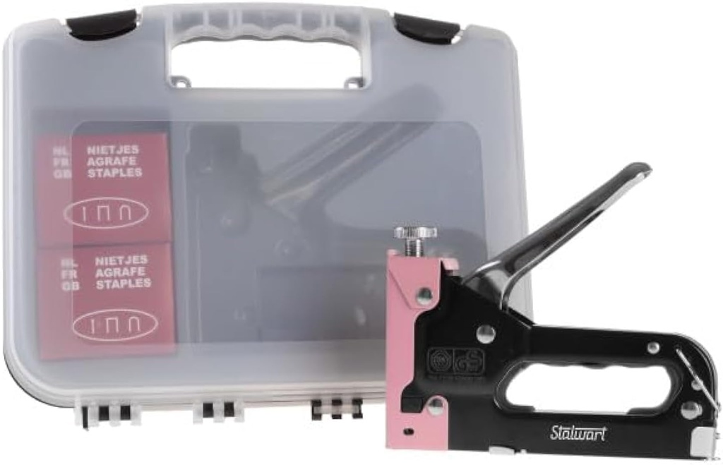Light Duty Staple Gun - Fabric Stapler Gun for Crafts, Cardboard, Bulletin Boards or Classroom with 600 Standard 4-14mm Staples - Pink Stapler with Staples and Plastic Carrying Case by Stalwart