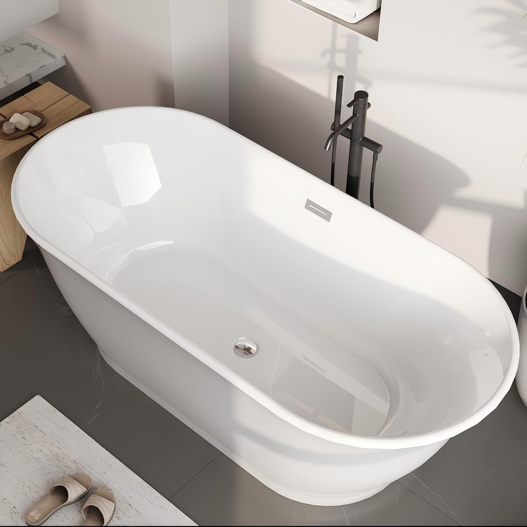 Modern Freestanding Bathtub, 59" Acrylic Soaking Tub, Elliptical Design with Chrome Drain & Overflow, Dual-Tone White & Gray Finish for Contemporary Bathrooms