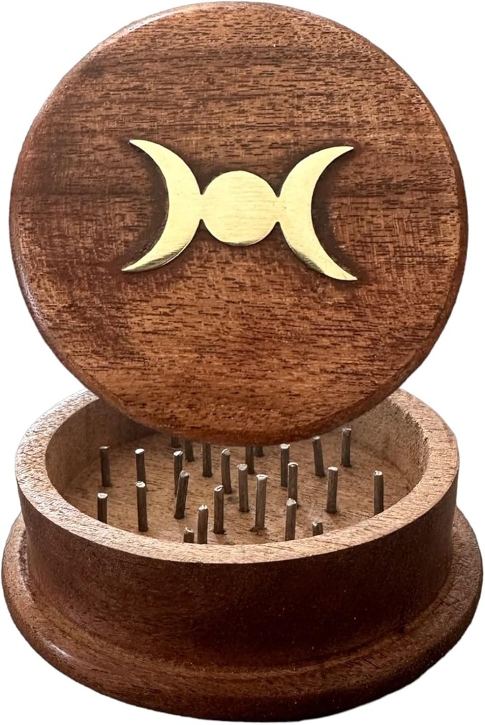 Wood Food Spice Herb Grinder Wooden Brass Inlay Triple Moon, 3 inch
