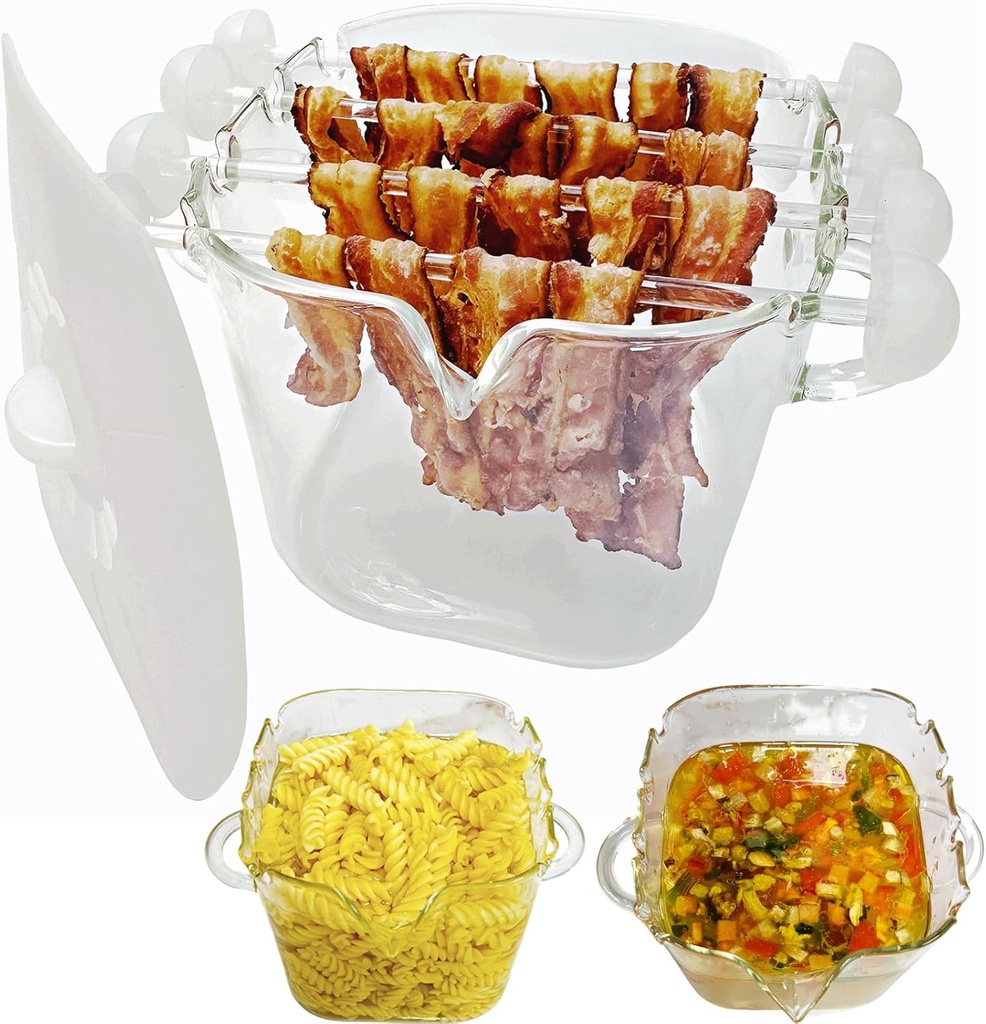 Microwave Bacon Cooker, 100oz Glass Microwave bacon jar with Silicone Lid, Ramen Noodle Bowl and Vegetable Steamer, with Removable Glass Rod.