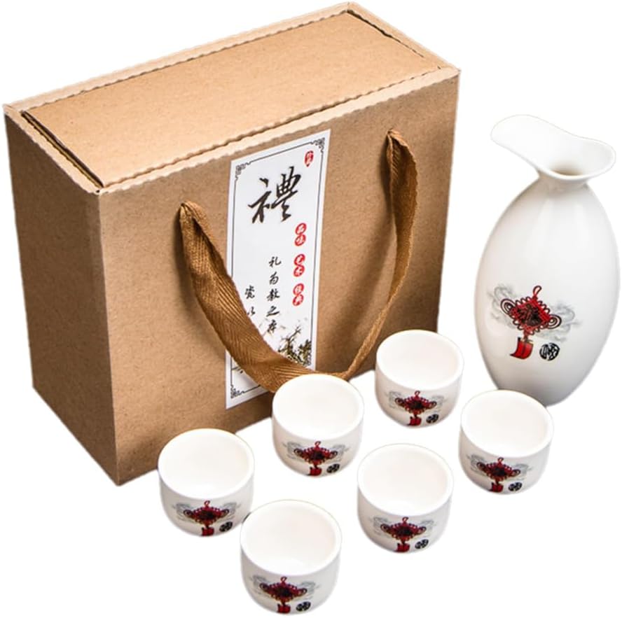 Ceramic Traditional Japanese Sake Set Gift Box Set of 7 Pieces Hand Crafted and Painted Traditional Retro Japanese Ceramic Sake Cups Set with 6 Sake Cups 5 Sake Pot