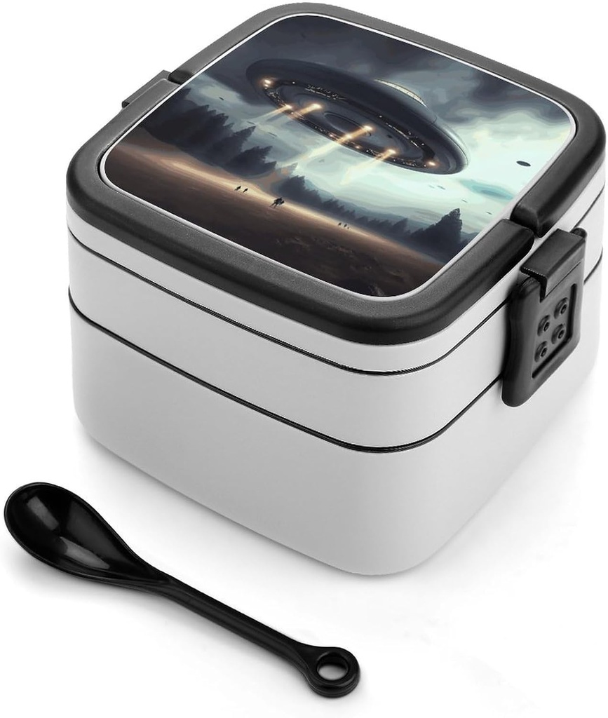 UFO Landing Bento Box Double-Layer Bento Lunch Container with Spoon And Invisible Handle Adult Leak-Proof Lunchbox for Dining Out Work Picnics Travel