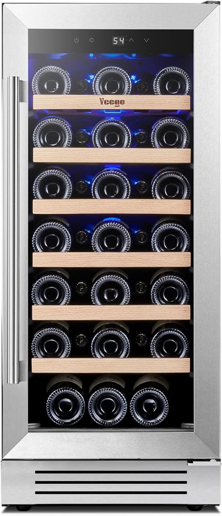 Yeego Wine Fridge – 15 Inch 33 Bottle Wine Cooler Refrigerator with Glass Door, 40-65℉ Touch Control, Built-In or Freestanding, Ideal for Home Bar & Kitchen
