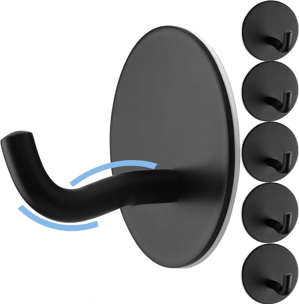 Matte Black Adhesive Towel Hooks 6 Pack Heavy Duty Wall Hooks for Hanging Robes, Loofah, Towels, Clothes Coat Hooks Stick on Bathroom or Kitchen Stainless Steel