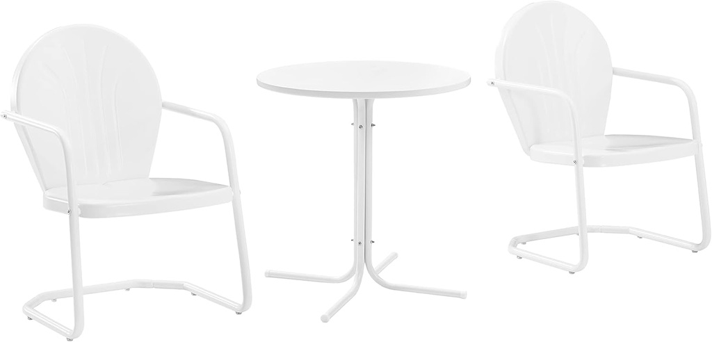 Crosley Furniture Griffith 3-Piece Outdoor Bistro Set, Retro Metal Patio Table and Chairs for Dining, Porch, White Gloss and White Satin
