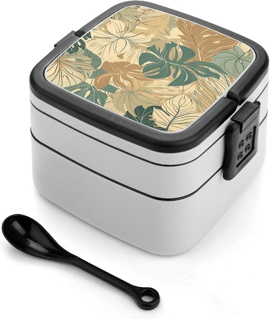 Abstract Tropical Leaves Bento Box Adult Lunch Box All-in-One Lunch Containers with Removable Compartments Double Layer Bento Lunch Box with Spoon And Handle Stackable Lunchbox