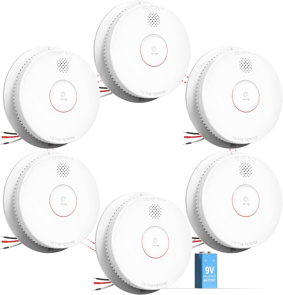 SITERWELL Smoke Detector, Hardwired Interconnected Smoke Detector, Photoelectric Smoke Alarm with 9V Backup Battery, Fire Alarm with Test/Silence Button, UL217-10th Listed, GS562A, 6 Packs