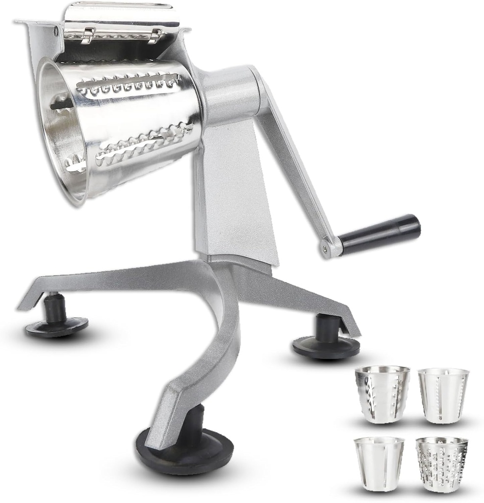 Vegetable Cutter, Stainless Steel Multi Functional Hand Crank Cutter Grater Food Processor Shredder with 5 Blades 1 Base for Kitchen Home Outdoor Cooking