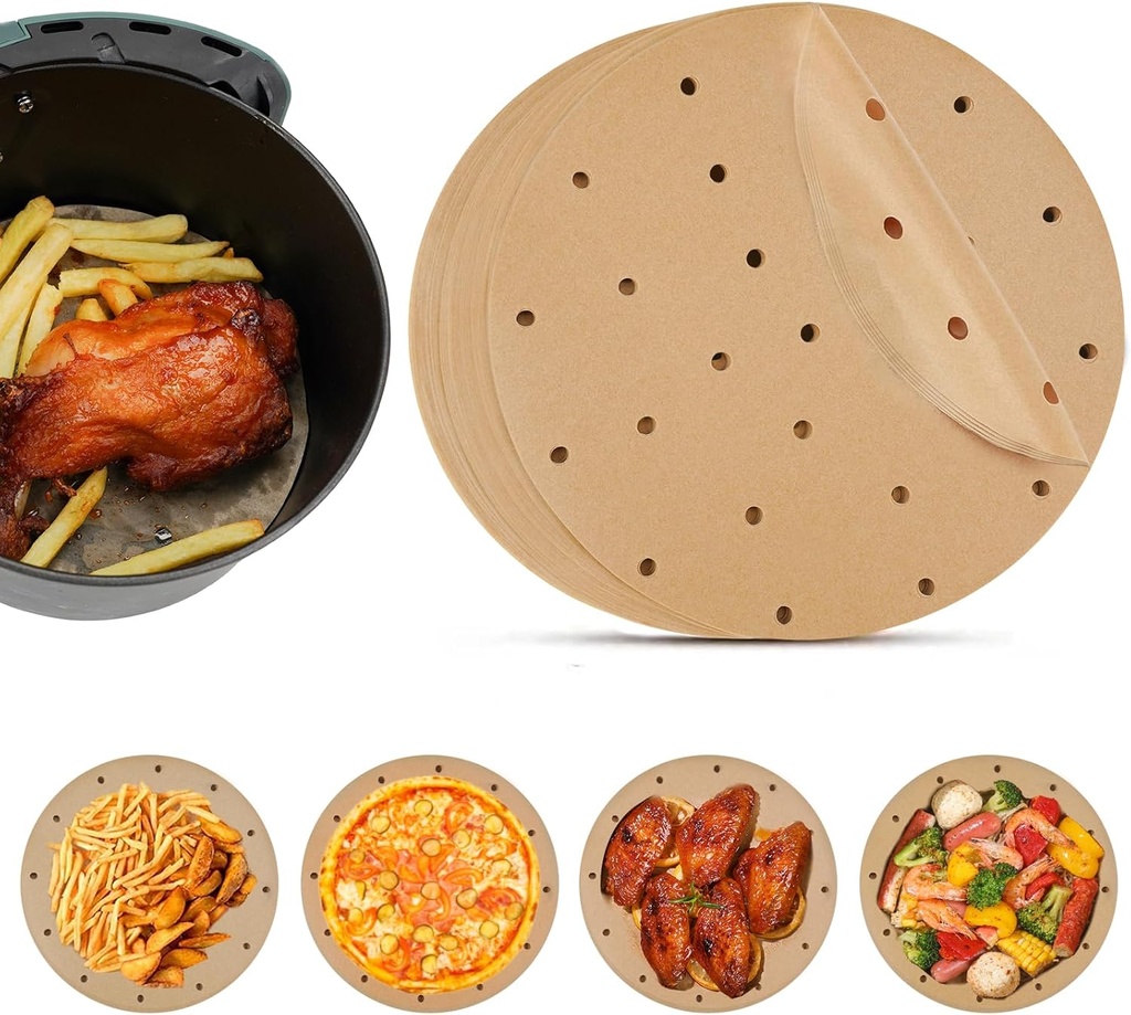 Vailnd Air Fryer Parchment Paper Sheets, 100pcs Round Liners, 8.5In Perforated Filter Paper for 2-5 Qt Air Fryer, Food Steamers, Cake Pan