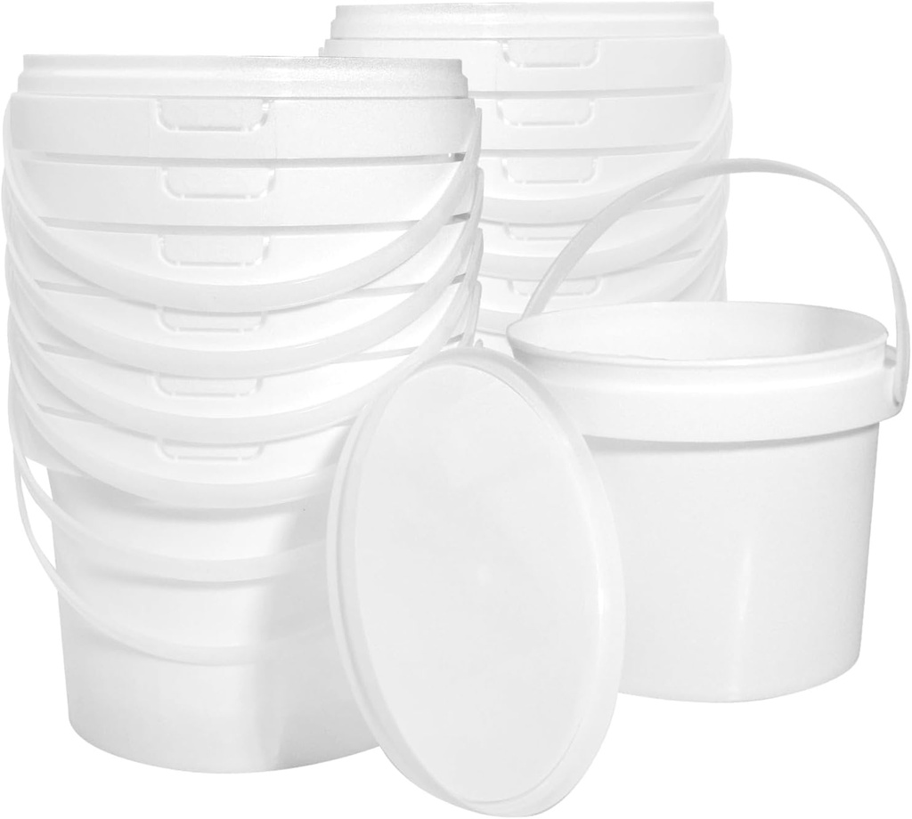 13 Pack 1.5 Quart White Plastic Bucket with Handle and Lid Food Storage Containers Round Plastic Bucket Multifunctional Pail for Paint Water Crafts Garage Organization Supplies
