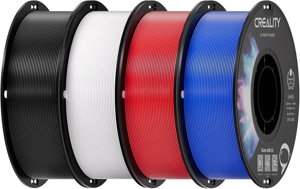 Creality PETG Filament 1.75mm, 3D Printer Filament, Excellent Toughness High Precision, Odorless Non-Toxic Moistureproof, Accuracy +/- 0.02mm, 4 Pack-1kg (Black, White, Blue, Red)
