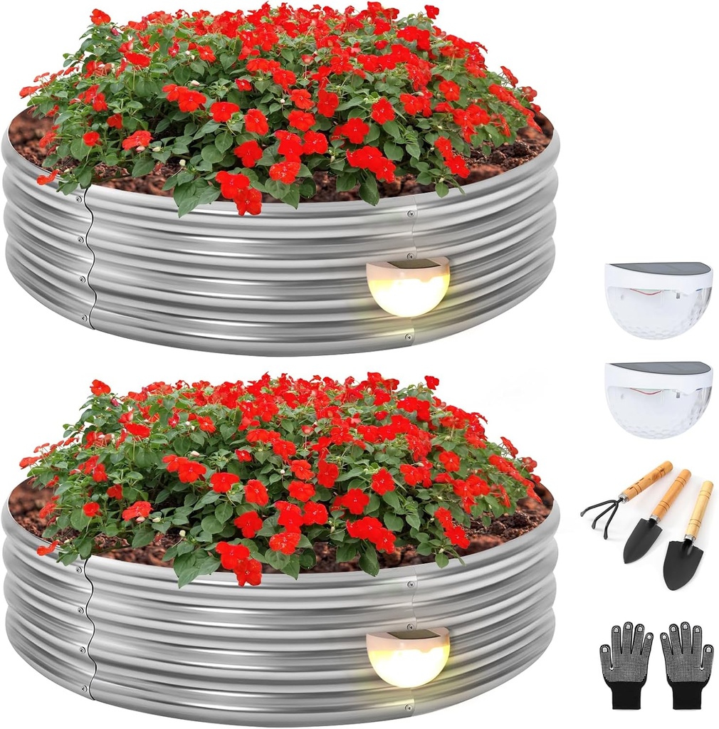 2Pcs Raised Garden Bed 2x2x1ft, Planter Galvanized Raised Garden Beds Outdoor with 2 Solar Lights and Gloves for Gardening Vegetables with Garden Gadgets Set of 3