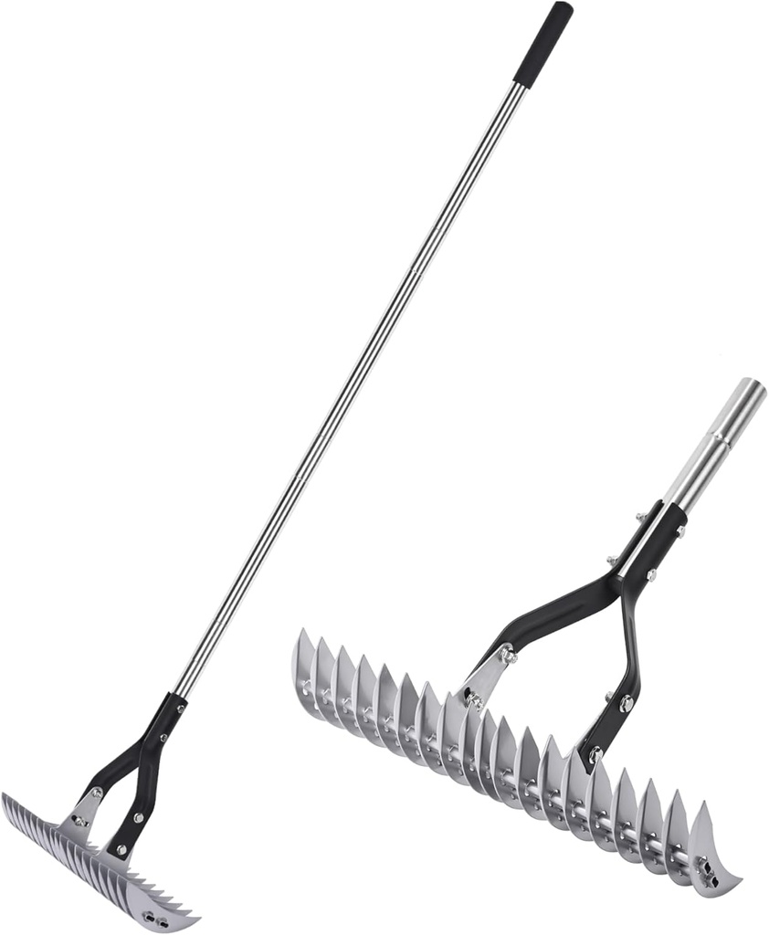 Thatch Rake - 15-Inch Wide Adjustable Handle Thatching Rakes, Adjustable Rake Head Weed Tool, Weed rake for Removing Dead Grass, Combing Lawn & Aerating Garden Soil