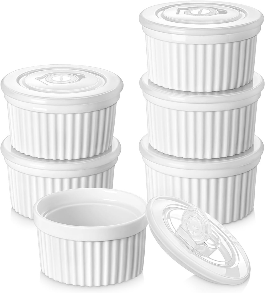 vancasso 8 oz Ramekins with Lid, Porcelain Creme Brulee Souffle Dishes, White Pudding Custard Cups Ramiken for Baking, Dishwasher and Oven Safe, Set of 6