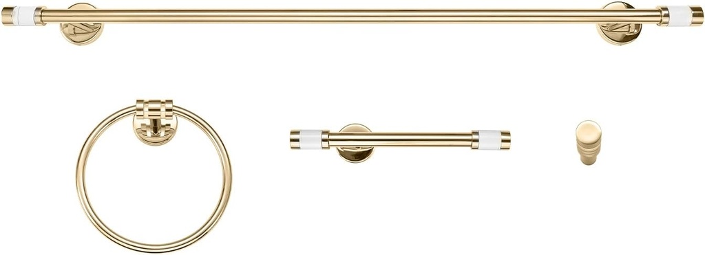 Globe Electric 63000097 4-Piece Bathroom Hardware Accessory Kit, Matte Brass, Clear Acrylic Accents, Robe Hook, Toilet Paper Holder, 24" Bar, Towel Ring, Powder Room Accessory, Home Décor