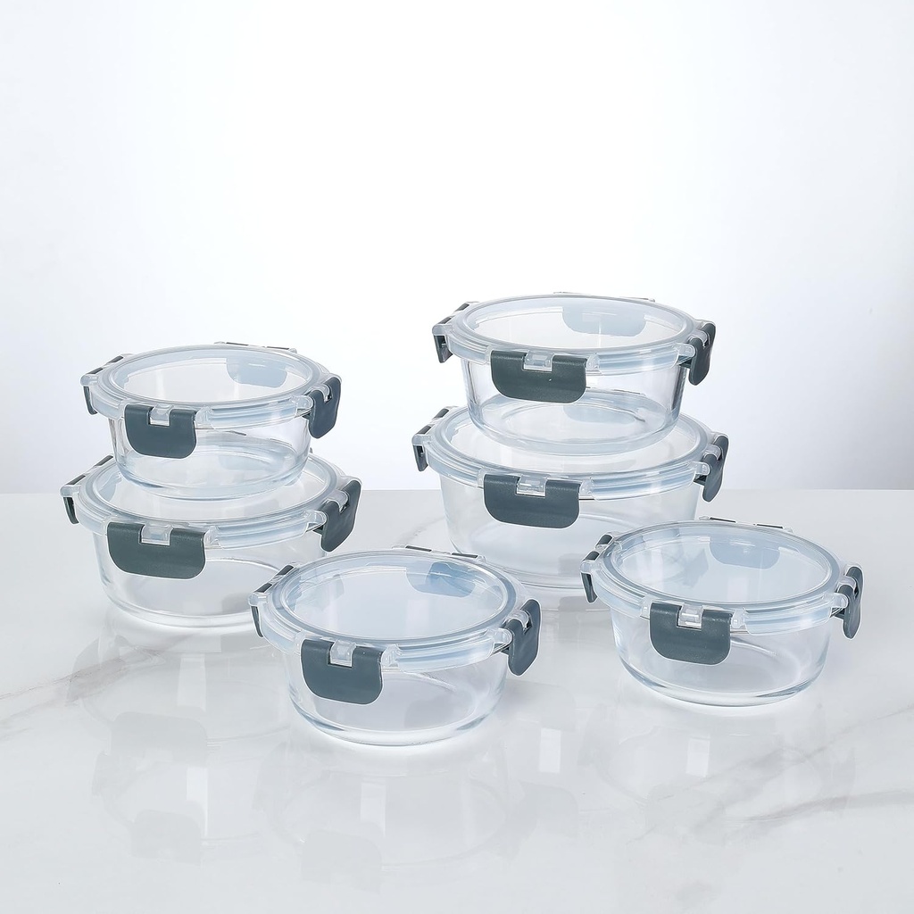 [12-piece set] Glass food preparation and storage containers with lids that provide a good seal. Glass lunch boxes that are microwave, oven, freezer, dishwasher safe. (Round)