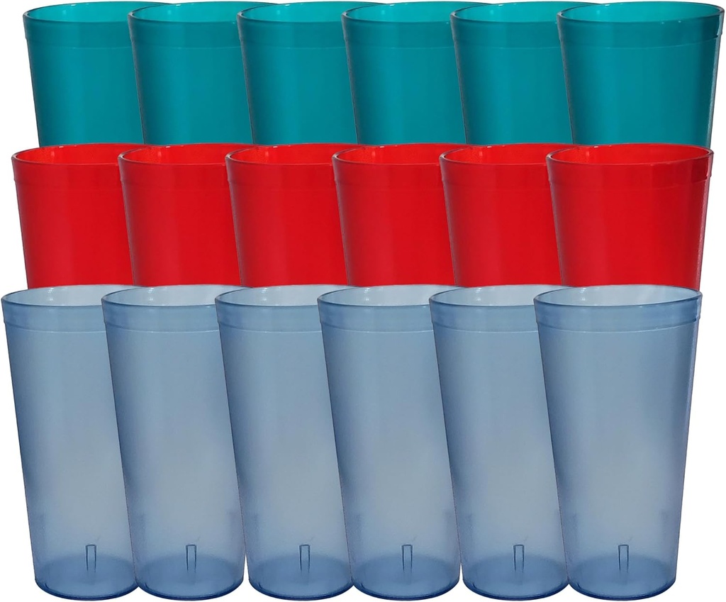 Party Outlaw 18 Pc Plastic Cups 24oz Party Tumblers (Assorted), Lightweight Heavy Duty, Stackable Cafe Style Plastic Glasses. Reusable & Dishwasher Safe Ice Tea & Water Cups