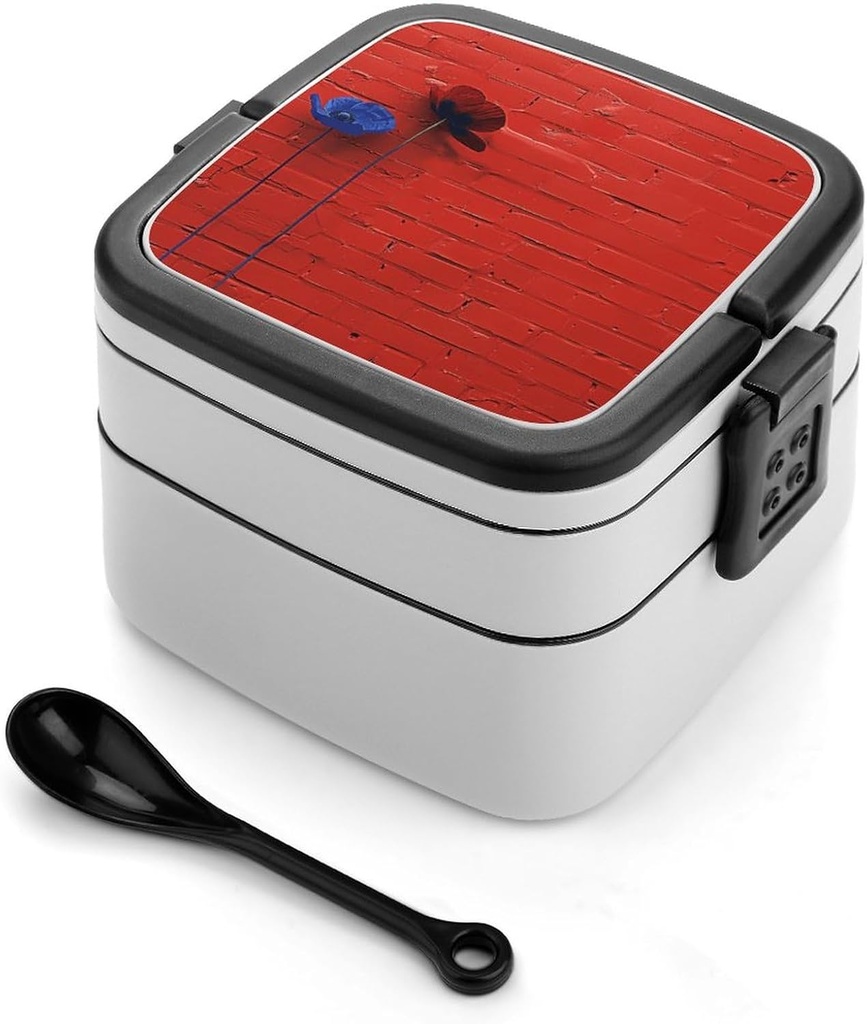 A Red Brick Wall Bento Box Double-Layer Bento Lunch Container with Spoon And Invisible Handle Adult Leak-Proof Lunchbox for Dining Out Work Picnics Travel