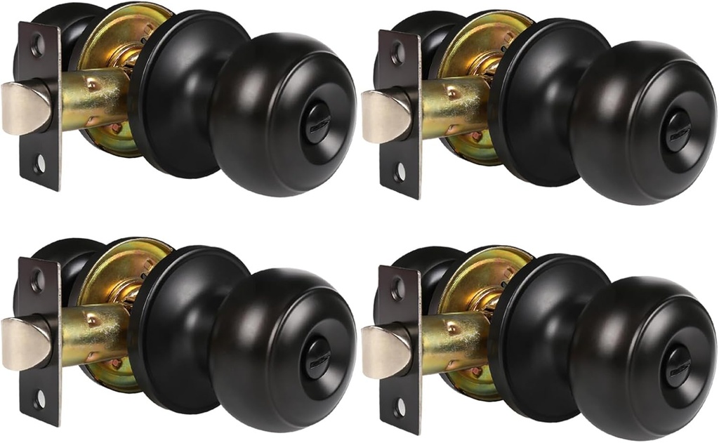 Ball Privacy Door Knob, Keyless Turn Thumb Locking Ball Design, Interior and Exterior Door Lock for Front Doors, Bedroom/Bathroom Round Door Knob Matte Black Finish (4pack)