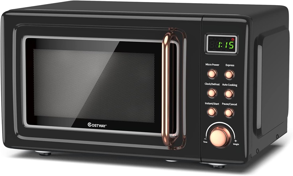 Retro Countertop Microwave Oven, Large 0.7Cu.ft, 700-Watt, Cold Rolled Steel Countertop with Time Setting, Glass Turntable Plate, Pre-Programmed Cooking Settings, LED Display, Child Lock (Rose Gold)