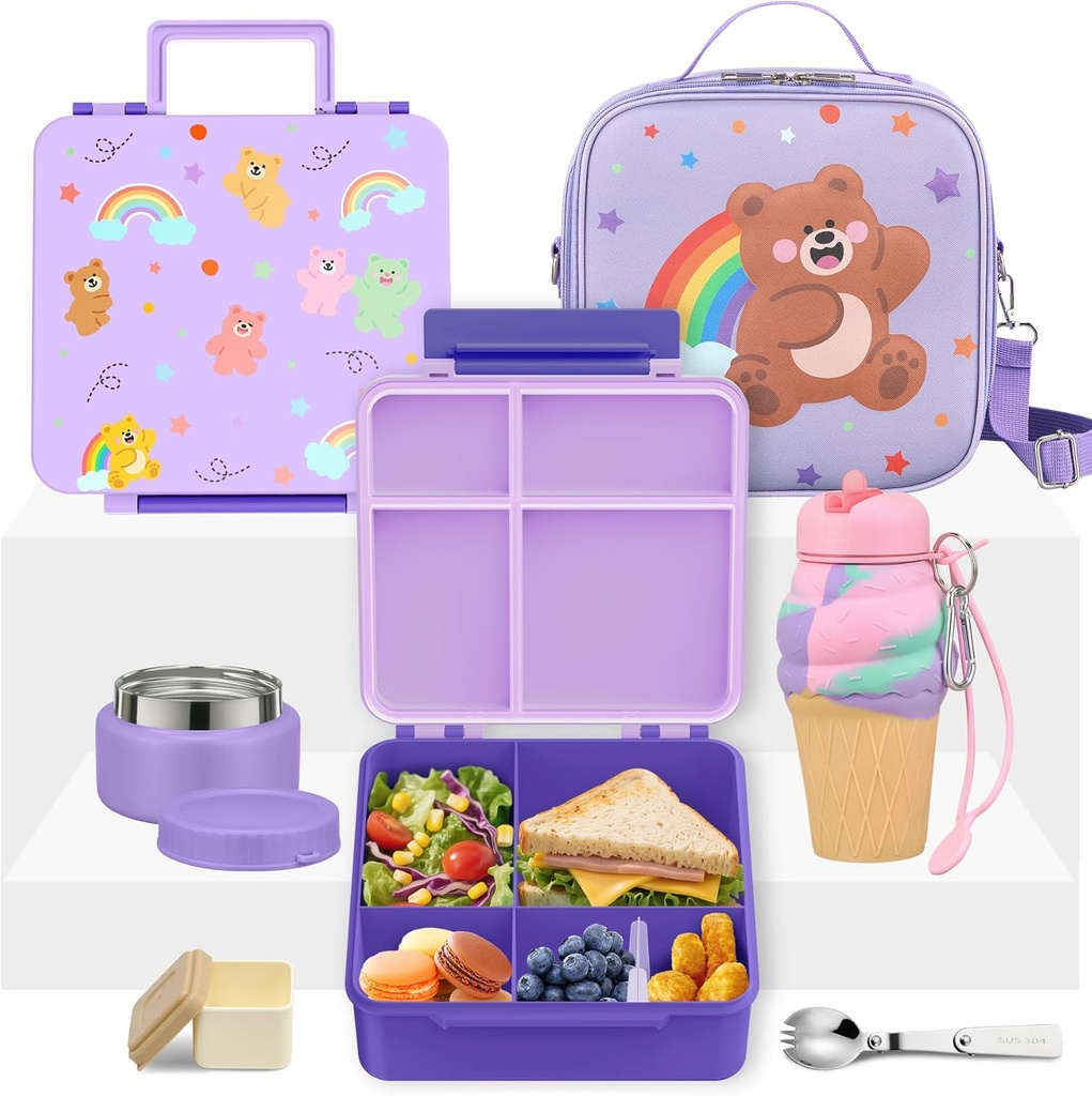 Lunch Box Kids with 5 Compartments, Insulated Food Jar & Utensil & Sauce Container & Lunch Bag & Silicone Collapsible Cup, Leak Proof Bento Box, BPA-Free & Dishwasher Safe-Pale Purple