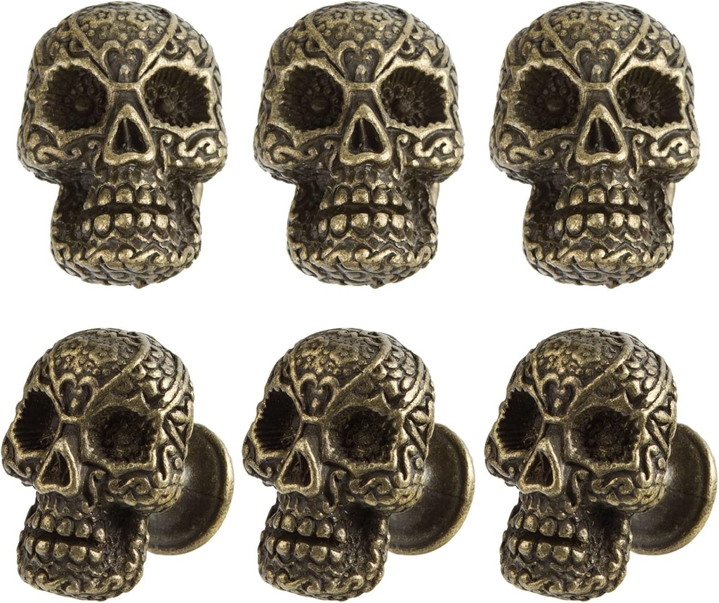 6Pcs Skull Cabinet Knobs,Vintage Bronze Skull Handles,Single Hole Decorative Furniture Pull Handles,for Kitchen Cupboard Bathroom Dresser Drawer Wardrobe with Mounting Screws