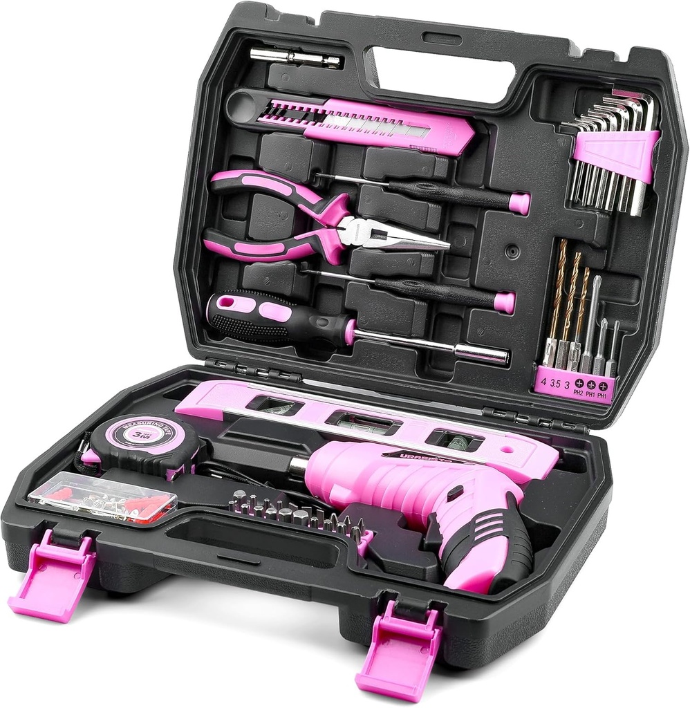 123 Piece Pink Household Tool Set with 3.6V USB Electric Screwdriver, Home Tool Kit with Cordless Lithium-ion Drill Driver, HandTool Kits for Women