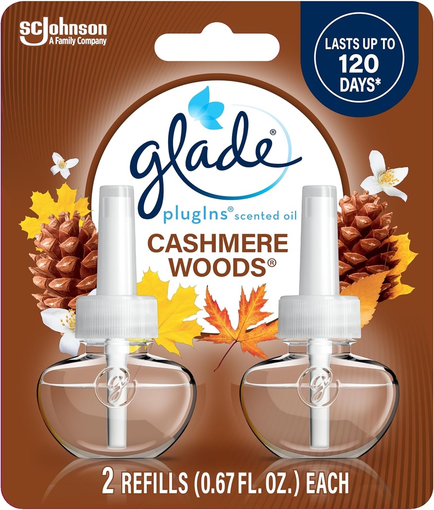 Glade PlugIns Refills Air Freshener, Scented and Essential Oils for Home and Bathroom, Cashmere Woods, 1.34 Fl Oz, 2 Count