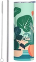 20ozIndoor cartoon potted green plants stainless steel straw lid cup, double-layer stainless steel, can be drunk directly or with a straw