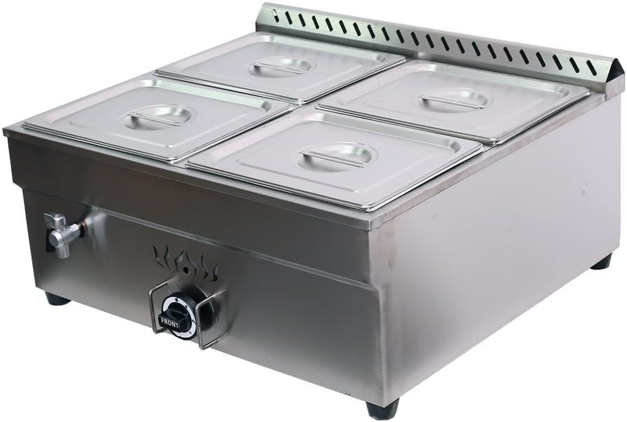 INTSUPERMAI Commercial Propane Gas Food Soup Warmer Bain-Marie Buffet Food Warmer with Regulator Canteen Buffet Steam Heater 110V Double Row 4 Pan