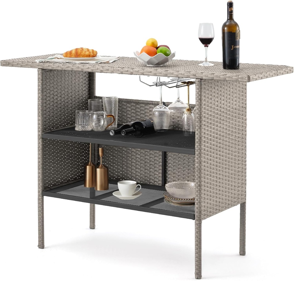 ECOTOUGE Wicker Bar Table, Outdoor Patio Console Table Serving Table, Mini Outdoor Bar Patio Counter with Steel Shelves & Hanging Wine Glasses, Ideal for Garden, Backyard(Grey)