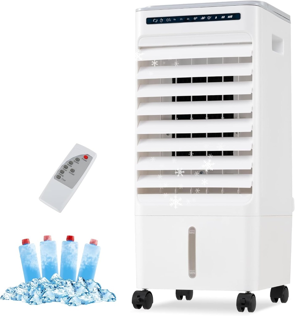 SIMOE 3-IN-1 Evaporative Air Cooler, Portable Air Cooler with Remote Control and 4 Ice Packs, Cooling Fan Humidifier w/7H Timer 3-Speed and 3 Modes, 1.6Gal Water Tank, 80°Oscillation