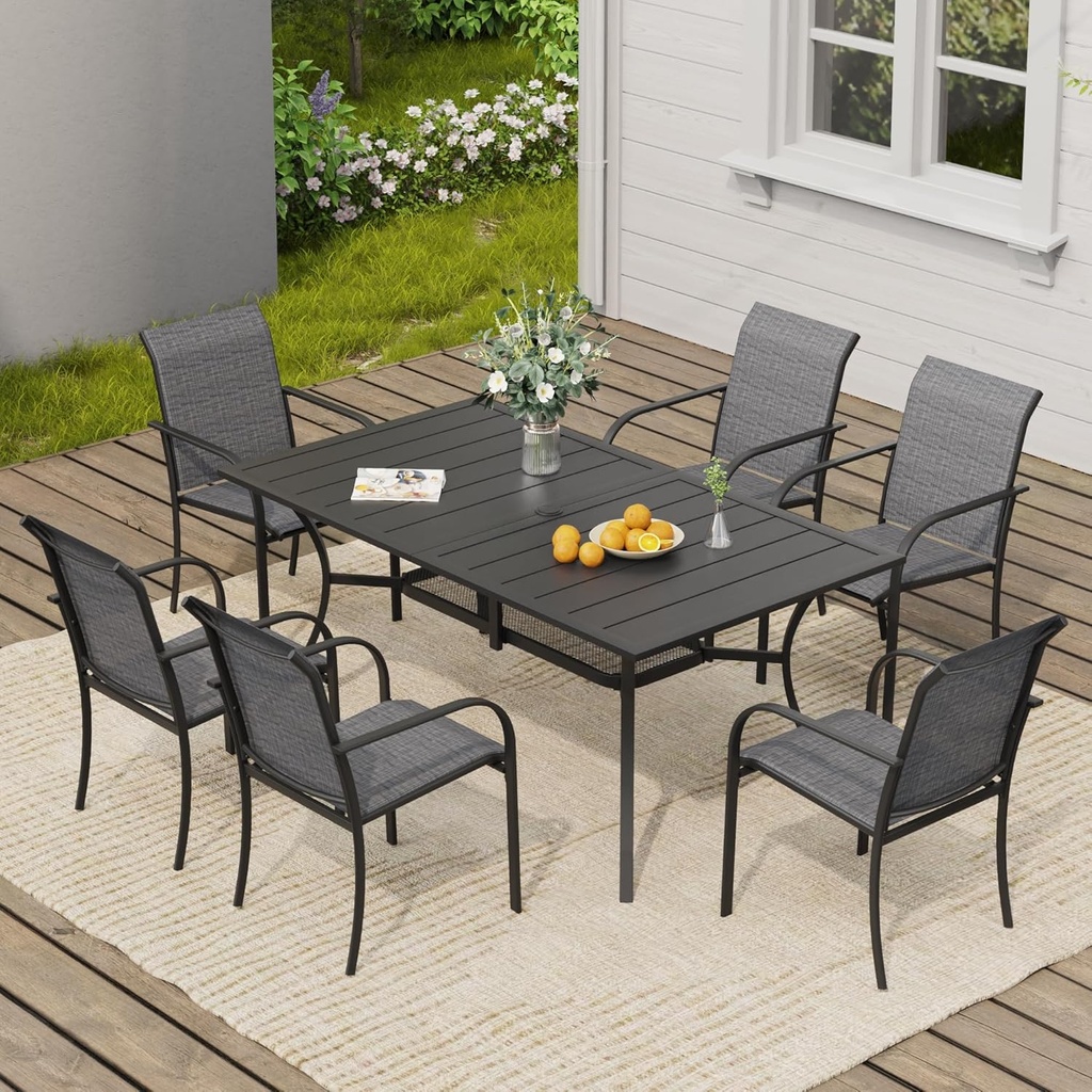VICLLAX 7 Pieces Patio Dining Set, Patio Furniture Set of 6 Patio Stackable Dining Chairs and Outdoor Rectangular Metal Table with Storage Shelf for Backyard, Grey Chairs and Black Table