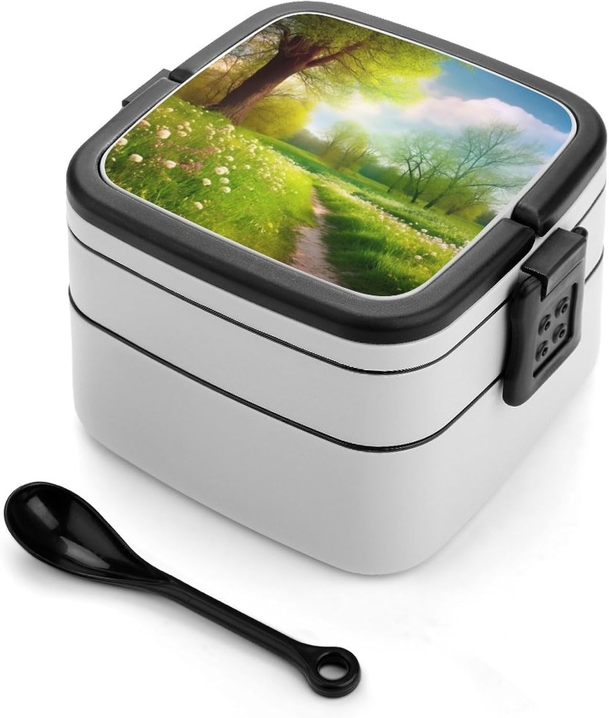 Spring Nature Beautiful Landscape Bento Box Adult Lunch Box All-in-One Lunch Containers with Removable Compartments Double Layer Bento Lunch Box with Spoon And Handle Stackable Lunchbox