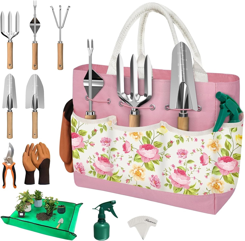 22PCS Garden Tools Set for Women,Heavy Duty Hand Tool Kit Included Handy Tote Bag/Trowel/Repotting Mat/Rake/Pruner/Gloves/Plant Tags,Garden Supplies Gardening Gifts for Beginner Mom-Pink