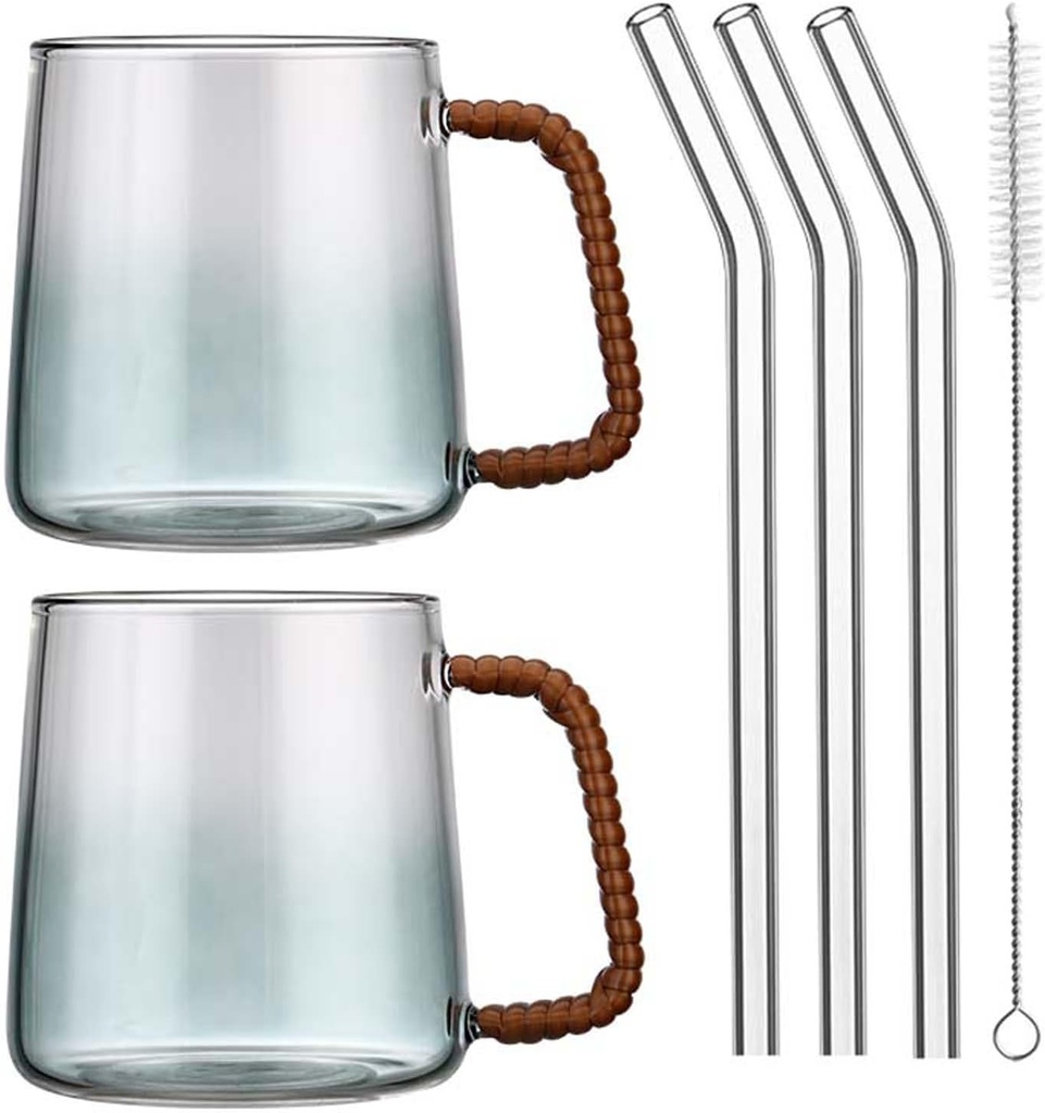 glass cups with straws with Hand woven handle and Glass Straw 2pcs Set-19oz glass coffee cups,Gift,Iced Coffee Glasses,Beer Glasses, Cute Tea Cup,Whiskey (Handmade handle glass cup