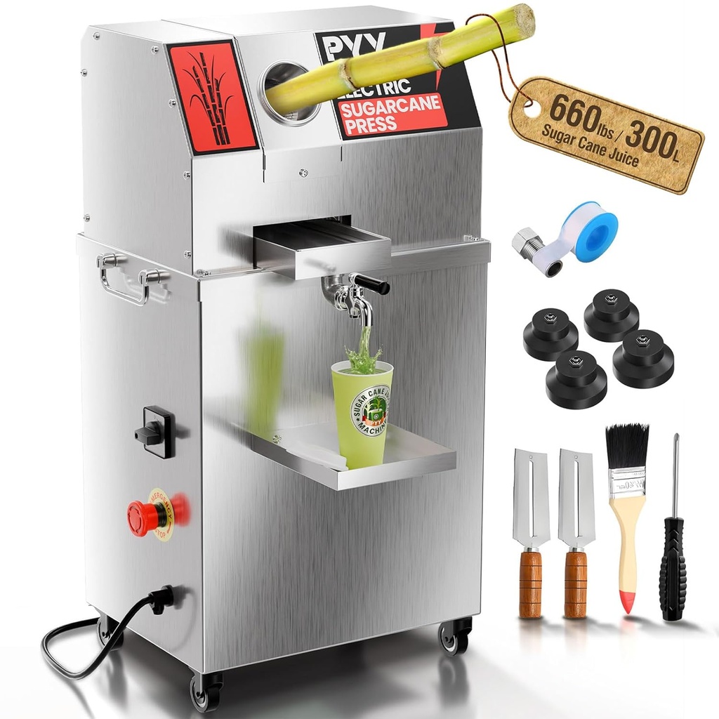 PYY Commercial Sugar Cane Juicer Machine - Electric 3-Rollers Sugarcane Juice Press Stainless Steel Extractor on Wheels,Sugarcane Machine with Cleaning Brush,2 Peelers,Straws and Cups,800W 110V-120V