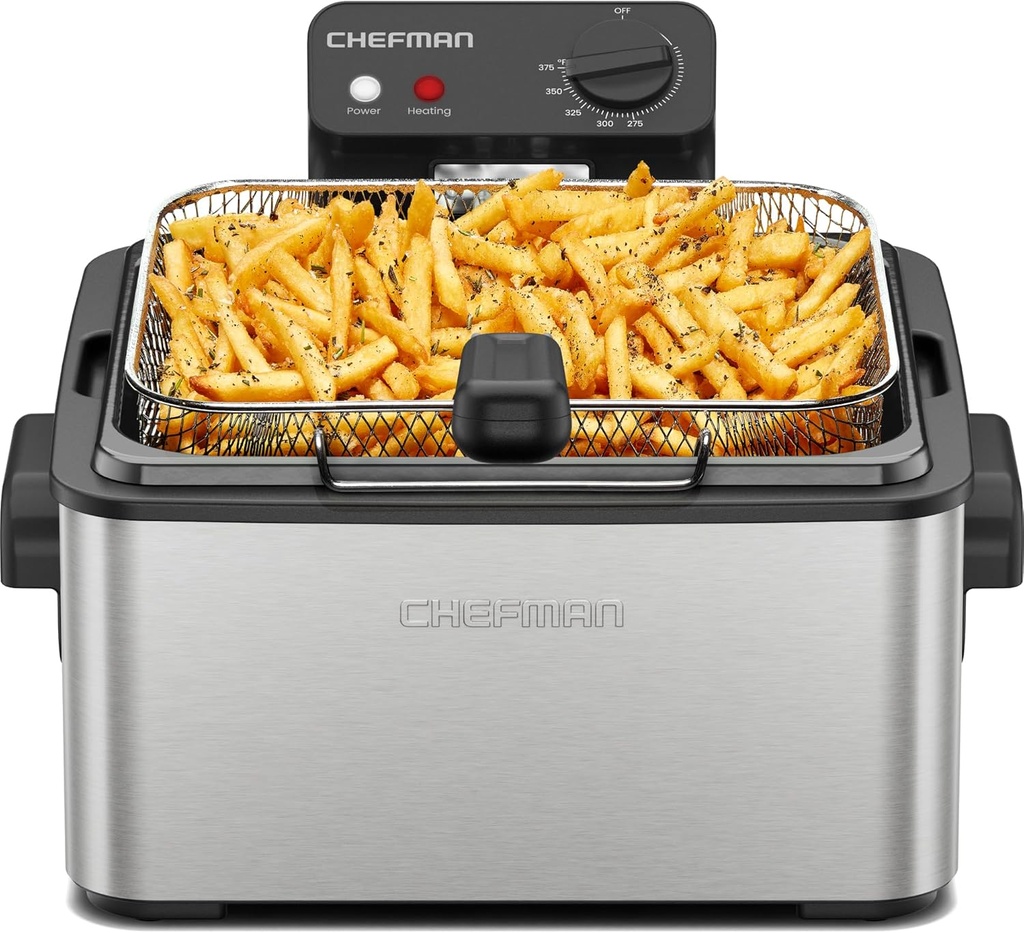 Chefman Deep Fryer, 4.5 Quart / 18 Cup XL with Basket Strainer, Removable Oil Container, Windowed Lid & Adjustable Temperature – Perfect for Fried Chicken, French Fries & Chips – Stainless Steel