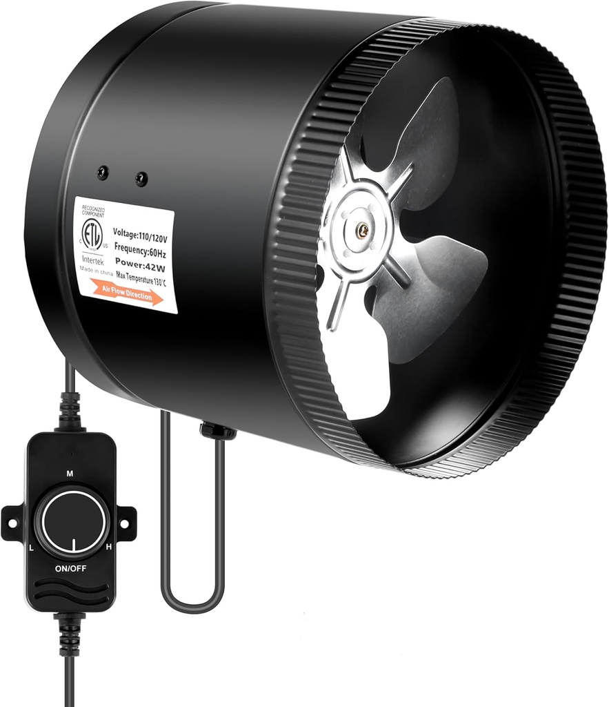 iPower Inline Duct Booster Fan 8" 430 CFM with Speed Controller, Low-Noise Ventilation Exhaust Fan for Kitchen, Basements, Bathrooms, Attics and Grow Tents, Black