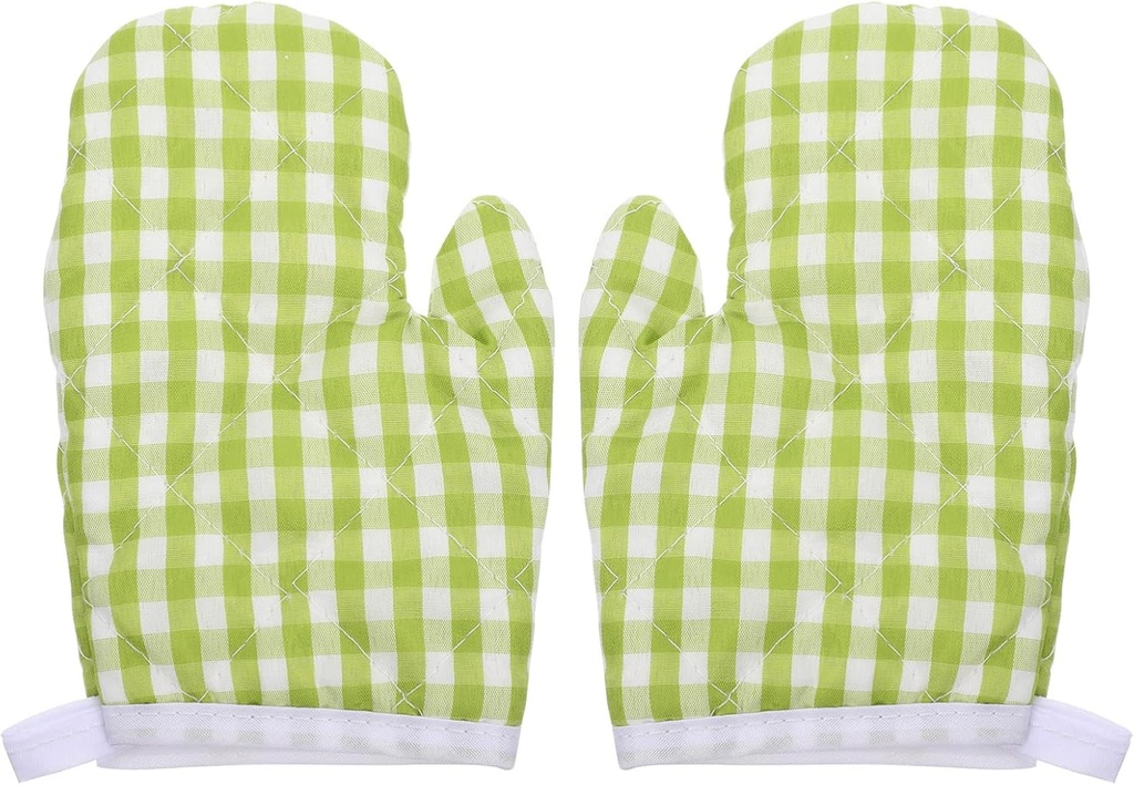 2Pcs Kids Oven Mitts for Children Play Kitchen, Microwave Oven Gloves Kitchen Baking Mitts, Red Checkered s for Safe Backing Cooking BBQ (Green Checkered)