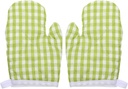2Pcs Kids Oven Mitts for Children Play Kitchen, Microwave Oven Gloves Kitchen Baking Mitts, Red Checkered s for Safe Backing Cooking BBQ (Green Checkered)