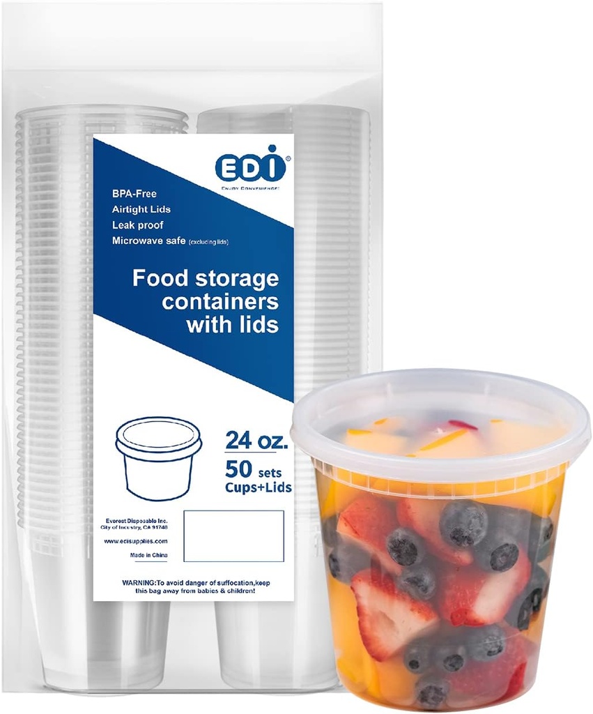 EDI [24 OZ, 50 Sets] Plastic Deli Food Storage Containers with Airtight Lids | Microwave-, Freezer-, Dishwasher-Safe | BPA Free | Heavy-Duty | Meal Prep | Leakproof | Recyclable