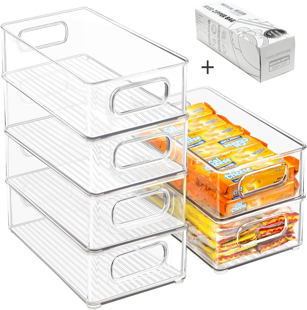 Stackable Refrigerator Organizer Bins, 6 Pack Clear Kitchen Organizer Container Bins with Handles and 20 PCS Plastic Bags for Pantry, Cabinets, Shelves, Drawer, Freezer - Food Safe, BPA Free 10"L