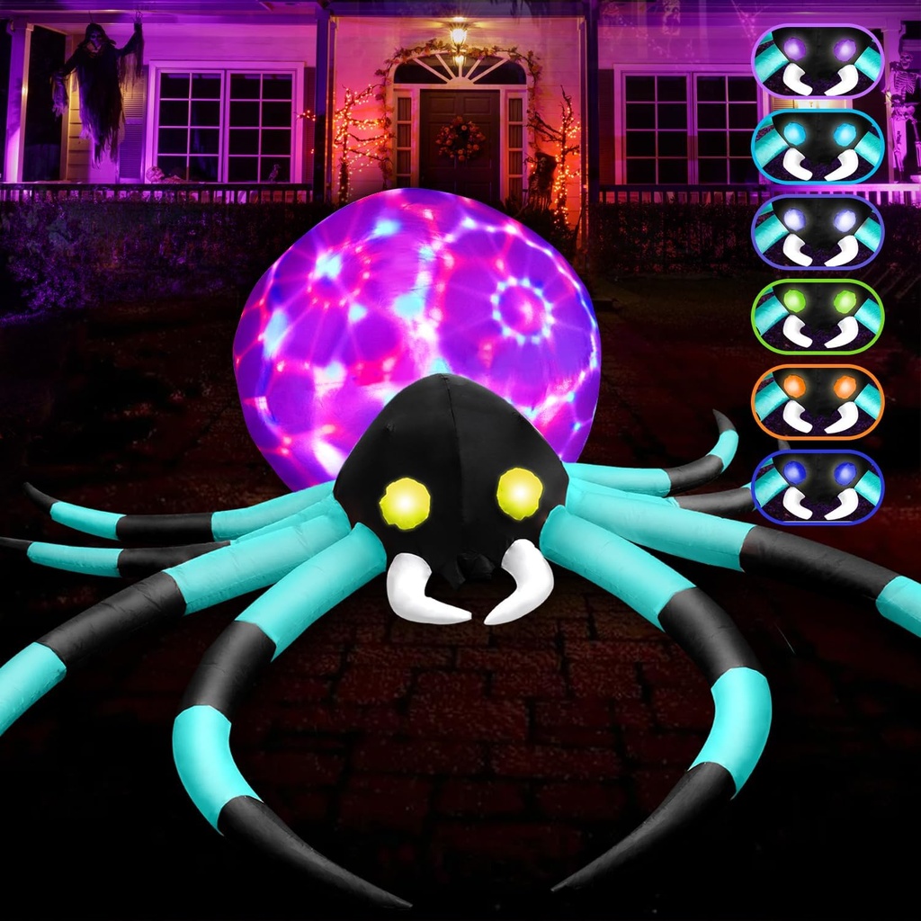 12Ft Giant Halloween Inflatables Spider Built-in 7-Color-Shifting Eyes & 3-Effect-Flashing Belly, Large Halloween Decorations Outdoor Huge Blow Up Yard Decorations Blowups for Holiday- 1PCS（Cyan）