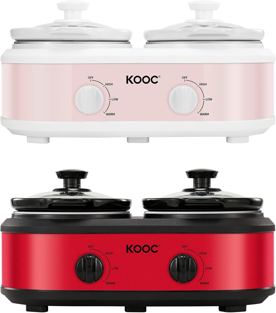 KOOC Double Small Slow Cooker 2 Pots Total 2.5 Quarts Red and Pink
